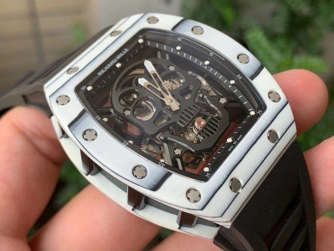 RM052-01 Tourbillon PVD White Bezel JBF Best Edition Skeleton Dial on Black Rubber Strap