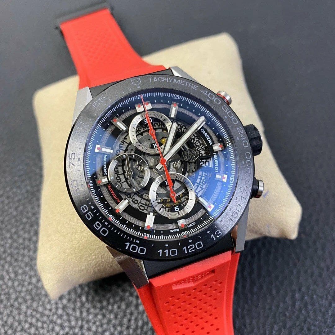 Calibre Heuer 01 Chrono SS/PVD XF 1:1 Best Edition Skeleton Dial Red Hand on Red Rubber Strap