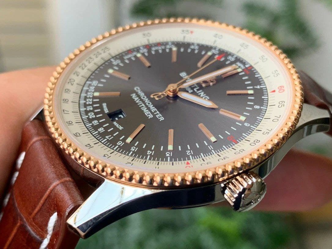 Navitimer 1 SS 41mm V7F 1:1 Best Edition RG Bezel Gray Dial on Brown Leather Strap