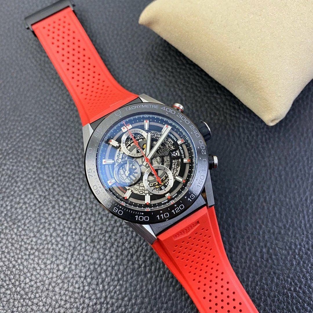 Calibre Heuer 01 Chrono SS/PVD XF 1:1 Best Edition Skeleton Dial Red Hand on Red Rubber Strap Calibre Heuer 01 Chrono SS/PVD XF 1:1 Best Edition Skeleton Dial Red Hand on Red Rubber Strap