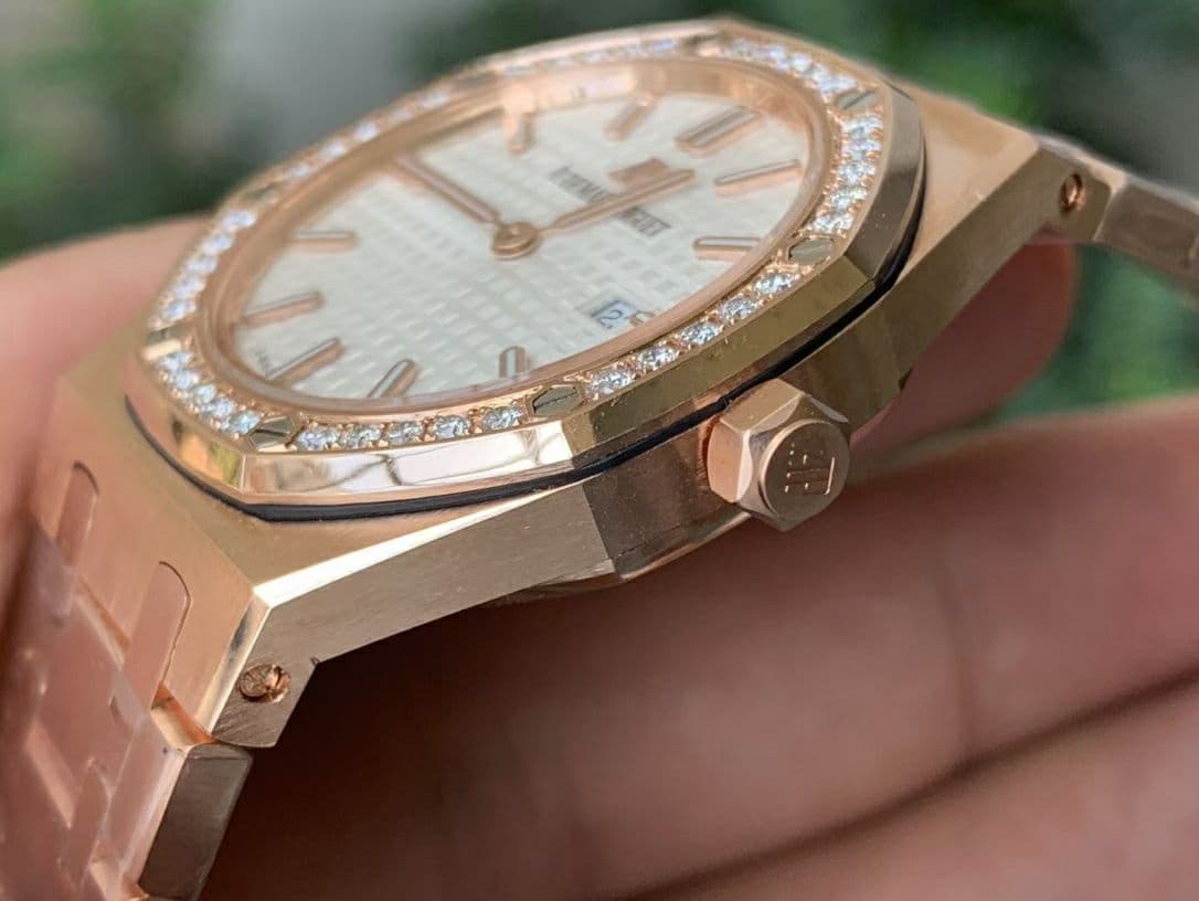 Lady Royal Oak 33mm YG JF 1:1 Best Edition Silver Dial Diamonds Bezel on YG Bracelet Swiss Quartz