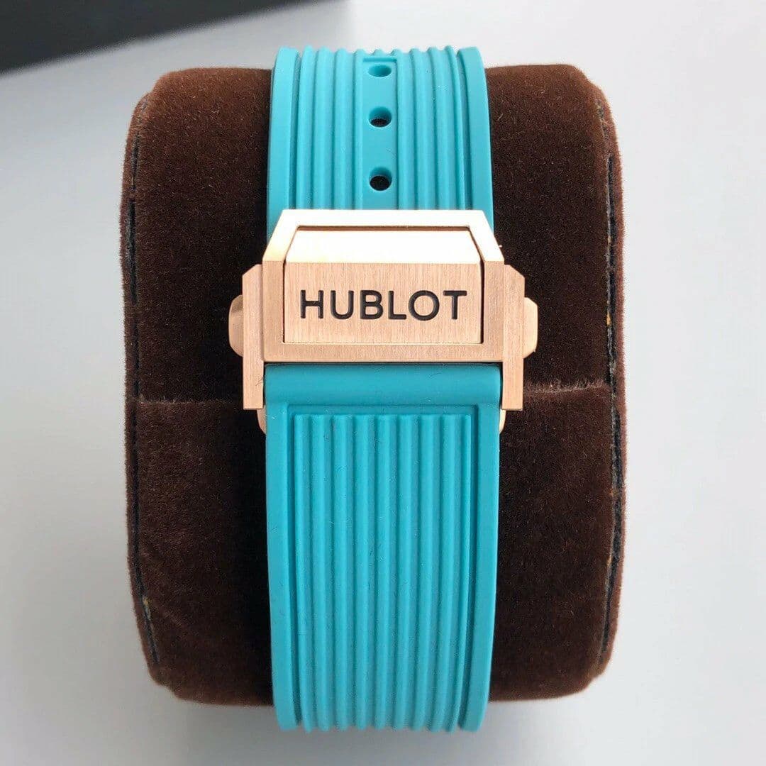 Big Bang Unico Diamond HBF 1:1 Best Edition Gold Skeleton Dial Rainbow Bezel on Blue Rubber Strap A1242