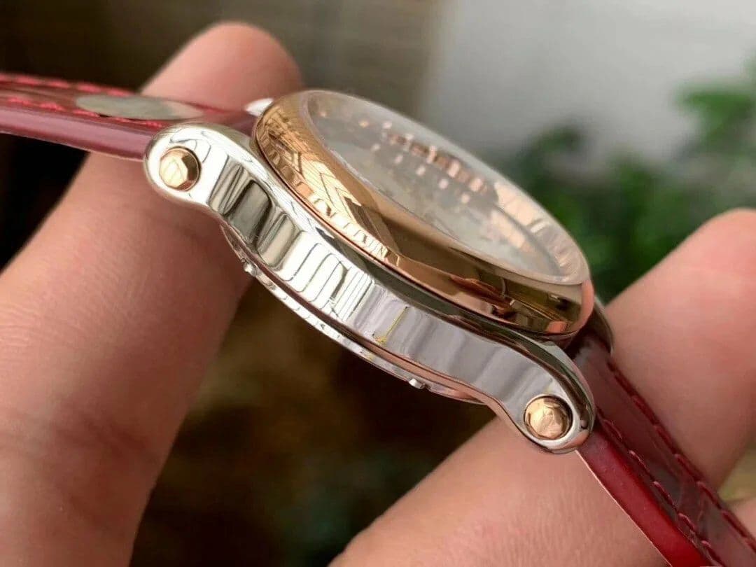 Happy Sport 36mm SS OXF 1:1 Best Edition Pink Dial Diamonds RG Bezel on Red Leather Strap A2892