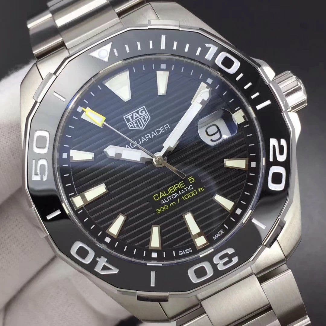 Aquaracer Calibre 5 SS 43mm KOR 1:1 Best Edition Black Ceramic Bezel Black Dial on SS Bracelet SW200