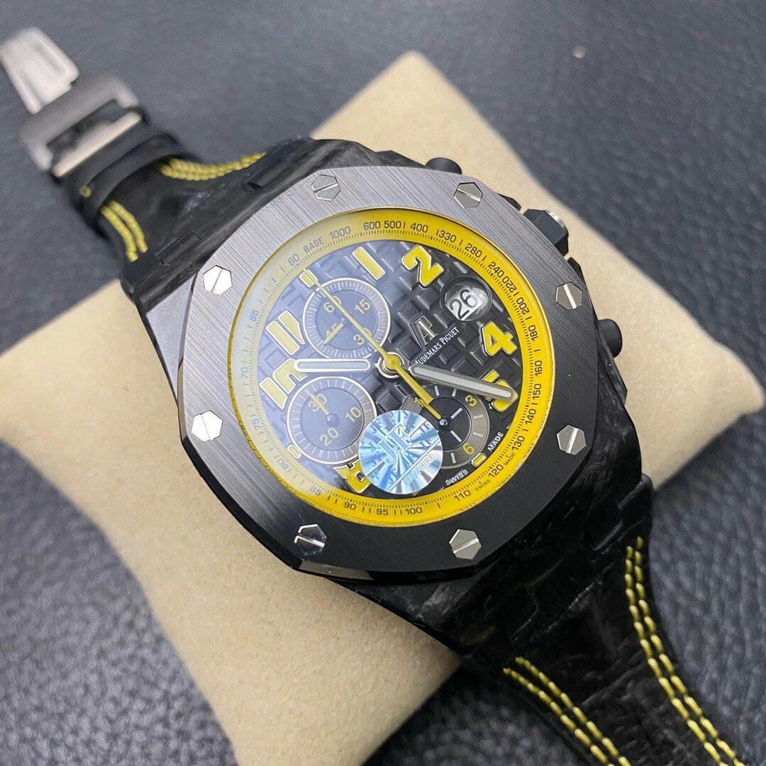 Royal Oak Offshore Bumble Bee Forged Carbon 1:1 JF Best Edition on Leather Strap A7750 V2 w/ Cyclops and DW Mod